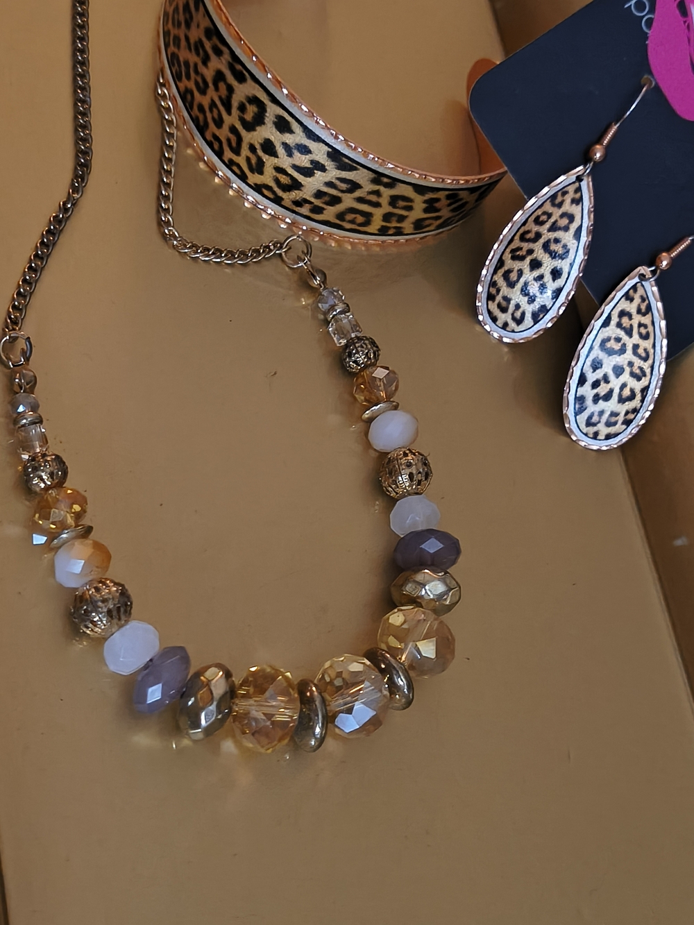 Paparazzi Gold-Tone Faceted Bead Necklace with Leopard Accent Earrings Bracelet